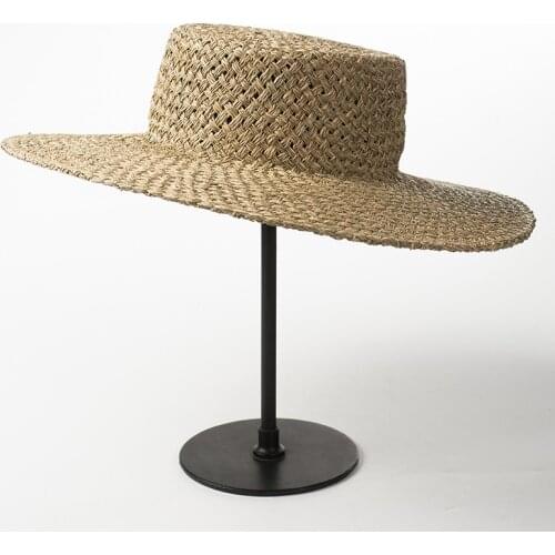Spring Summer Hand-woven Seagrass Flat Top Straw Cap for Outdoor Travel of Men and Women Sunscreen Beach Shade Flat Top Cap