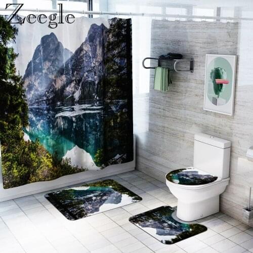 Zeegle Bathroom Curtain Waterproof Shower Curtain Anti-slip Bathroom Carpet Absorbent Toilet Cover Mat Washable Bathroom Rug Set