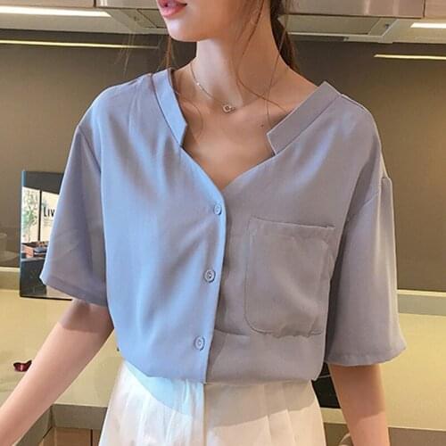 Womens Summer V-Neck Chiffon Blouse Short Sleeve Button Pocket Loose Blouse Shirt