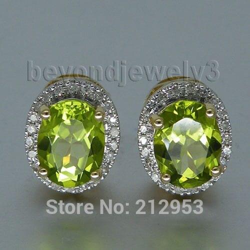 Vintage Earings 14k Gold Diamond Peridot Stud Earrings For Women, Natural Gemstone Earring E0053