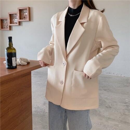 New 2021 Autumn Loose Pink Womens Blazers Female Formal Single Breasted Jackets Elegant Casual Outerwear Tops Pockets