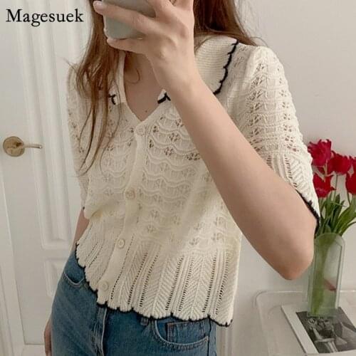 Chic Hollow Crochet Knitted Sweater Women Cardigans Short Sleeve V-neck Loose Female Cardigan Korean Fashion Summer Tops 14163