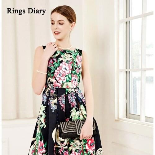 Rings Diary Women Floral Print Elegant Dress Sleeveless A Line Summer Office Lady Dress French Style High Quality Print Dress