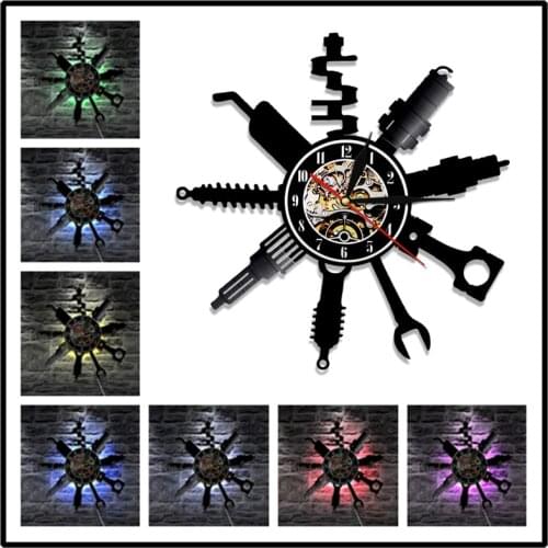 Car Mechanic Service Vinyl Record Clocks Auto Repair Shop Wall Clock Modern Design with 7 Colors LED Wall Watch Home Decor