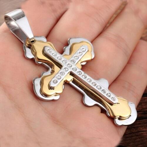 Stainless Steel Link Chain AAA Crystal Jesus Cross Crucifix Pendant&Necklaces Men Fashion Jewelry Gold Silver Color Father Gift