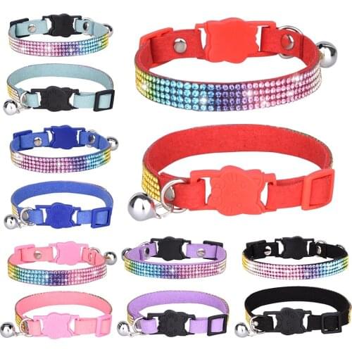 Color Diamond Cat Necklace Cat Head Safety Buckle Pet Collar Puppy Cat Collars Adjustable Leather Bell Kitten Collar For Small
