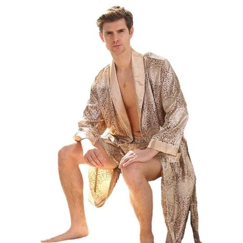 Gold Men Satin Robe Full Sleeve Sleepwear Long Gentle Print Nightwear Kimono Bathrobe Home Dressing Gown Oversize 3XL 4XL 5XL