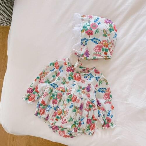 Toddler Girl Floral Rompers 2021summer New Baby Girls Lovely Rompers with Hats Kids Girls Long Sleeve Jumpsuit Bodysuits Infant