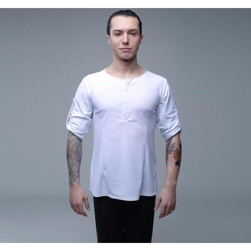 High Quality Latin Dance Shirt For Male Black White Fastener Comfort Fringe Tops Wear Men Classical Modern Ballroom Fabric 15050