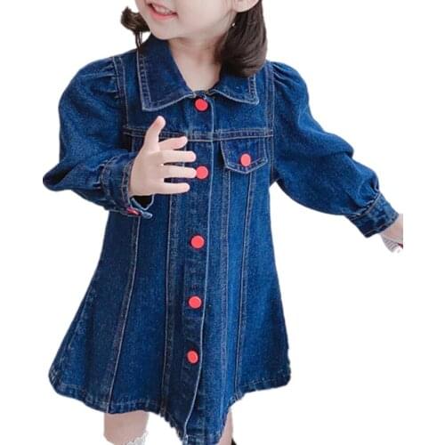 Baby girl autumn puff long sleeve denim dress for kids casual single breasted casual princess dress