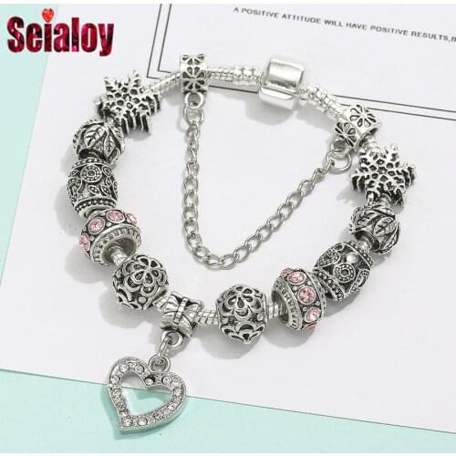 Seialoy New Silver Plated Pink Heart Pendant Charm Bracelets For Women Original Girls Princess Beaded Bracelet Family Jewelry