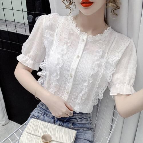 Puff sleeve chiffon top 2021 new summer style hollow lace ruffled white shirt women short sleeves
