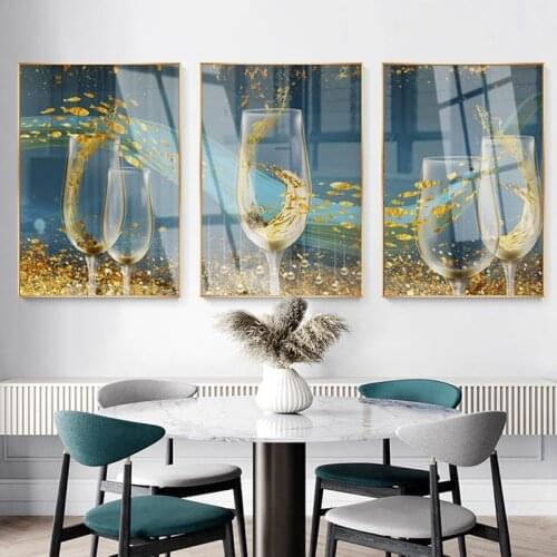 Nordic Abstract Golden Wine Glass Fishes Art Canvas Painting Modern Wall Pictures for Kitchen Restaurant Dining Room Decoration