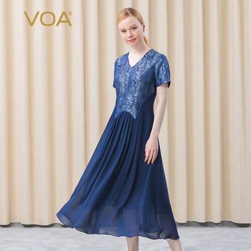 VOA Silk Blue Short Sleeve V-neck Jacquard Pleated Stitching Double-layer Georgette Pleated Wavy Hem Dress AE612