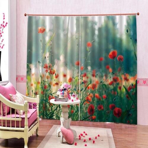 Bright Wild Flowers and Green Grass Curtains with on Summer Field Outdoor Nature Scenery Printed Curtain For Living room bedroom
