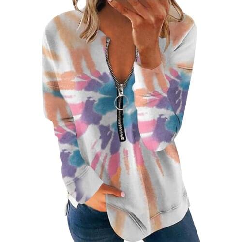 Sexy Zipper Tie Dye Printing Blusas Women Tee Autumn Casual Long Sleeve T Shirt Clothing Daily Comfy V-neck T-shirt For Female