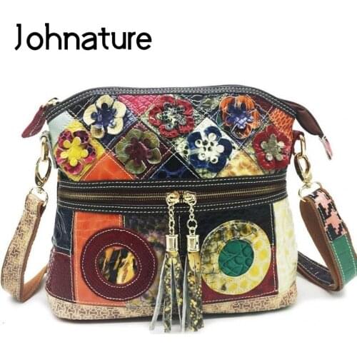 Johnature Cow Leather Splicing Retro Women Shoulder Bags 2020 New Leisure Multicolor Flower Crossbody Bags Female Messenger Bag