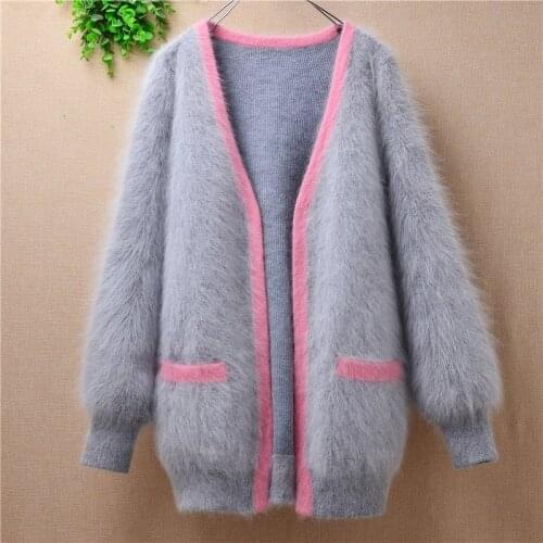 Top fashion outwear women cloth v-neck pockets causal long sleeve sweater angora rabbit fur knitted cashmere jackets cardigans