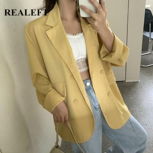 REALEFT New 2021 Autumn Loose Double Breasted Womens Blazers Female Black Formal Jackets Elegant Casual Outerwear Pockets