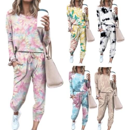 Women Autumn Tie-Dye Print 2 Pieces Pajamas Set Long Sleeve O-Neck Pullover Tops Drawstring Jogger Pants Sleepwear Home Loungewe