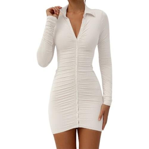 Womens Sexy Bodycon Mini Dress, Long Sleeve Solid Color Button Down Ruched Shirt Dress