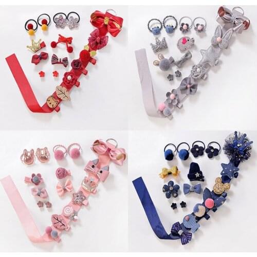 18 Pcs/set Cartoon Elastic Headdress Little Girl Lovely Hair Clip Set Cute Children Headwear Bow Flower Animal Hairpin Hair Band