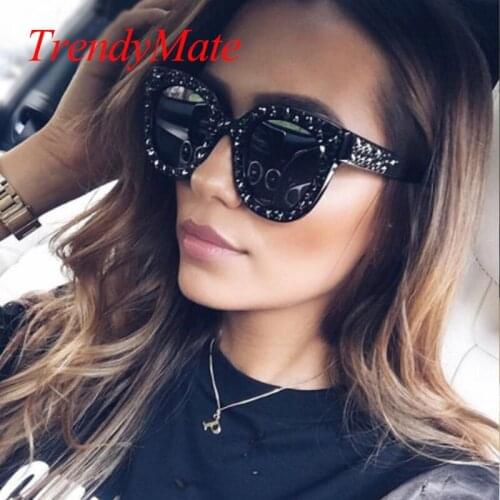 2018 Luxury Italian Brand Sunglasses Women Crystal Cat Eye Sunglasses Mirror Retro Full Star Sun Glasses Female Black Grey 1193T