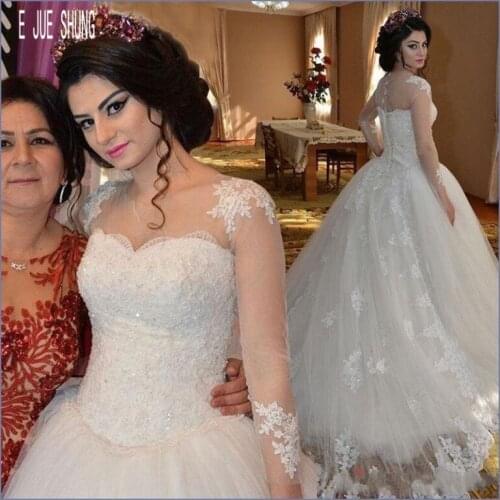 E JUE SHUNG Ball Gown Luxury Wedding Dresses Jewel Neck Illusion Long Sleeve Full Lace Appliques Sheer Back vestido de noiva