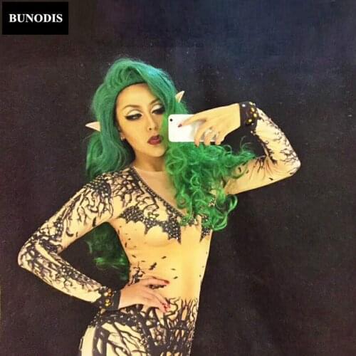 ZD037 Dryad Sparkly Rhinestone 3D Black Printed Sexy Jumpsuit Party Celebrate Clothing Nightclub Singer Performance Stage Wear