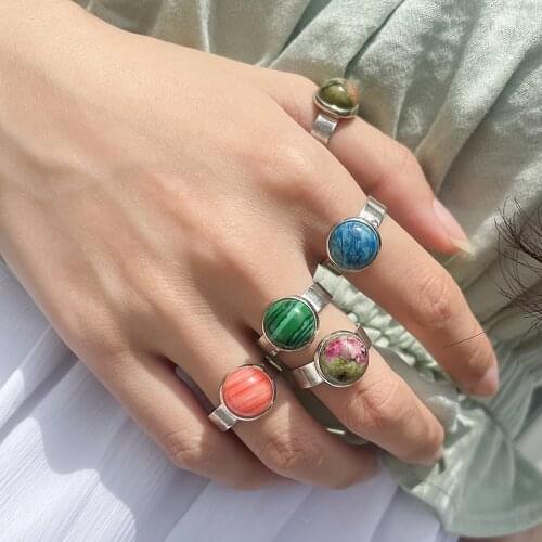 Bohemian 10mm Natural Stone Open Rings for Women Girls Multi Color Wide Wedding Bands Opal Tigereye Amethyst Copper Ring Party