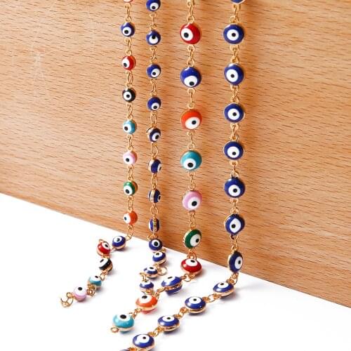 50cm Copper Chain with 18K Gold Plated Enamel Evil Eyes Beads Charms Chain for DIY Necklace Bracelet Jewelry Making Accessories