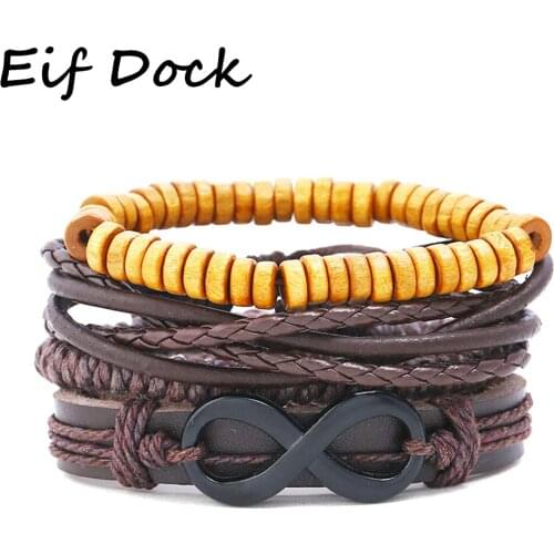 Eif Dock New Fashion Infinity 8 Leather Bracelets DIY Wood Beads Multilayer Bandage Brand Friendship Charm Bracelet For Women