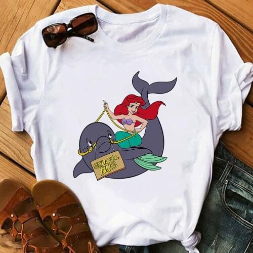 Casual Cartoon The Little Mermaid Ariel SCHOOL BUS Print T Shirt Women Tops Summer T-Shirt Female Harajuku Loose Tee Shirt