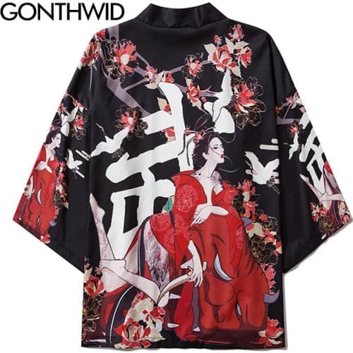 GONTHWID Japanese Samurai Girl Floral Print Kimono Cardigan Shirts Streetwear Men Harajuku Hip Hop Casual Summer Jackets Tops