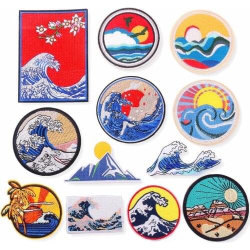 Chinese Wind Wave Cloth Stickers Mountain and River Map Adhesive Badge Embroidery Glacier Map Patch Kids Adult Clothing Access