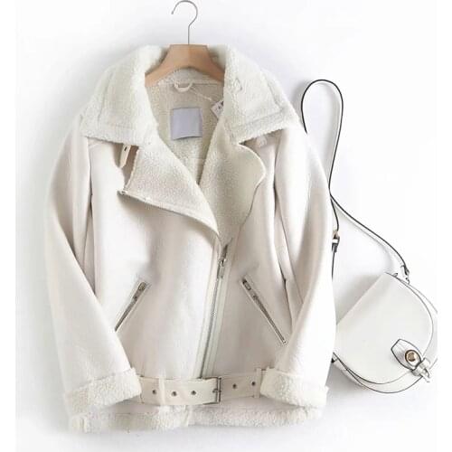 Ailegogo New Autumn Winter Women Faux Lamb Leather Jacket Streetwear Thickness Sheepskin Female Loose Coat with Belt Outwear