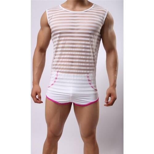 NEW Men Sexy Transparent Mesh Net Shirts Sexy Underwear Undershirts Vest Stripe See Through Tank Tops Night Club Wear F18