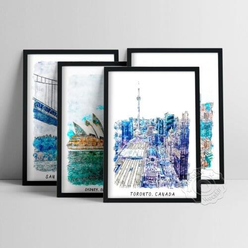 World Travel Watercolour Poster, San Francisco Sydney Seattle Toronto Wall Picture, City Landscape Wall Decor, Tour Prints Art