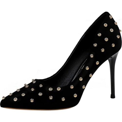 Fashion sexy party womens high-heeled velvet surface shallow mouth pointed metal rivet single shoes