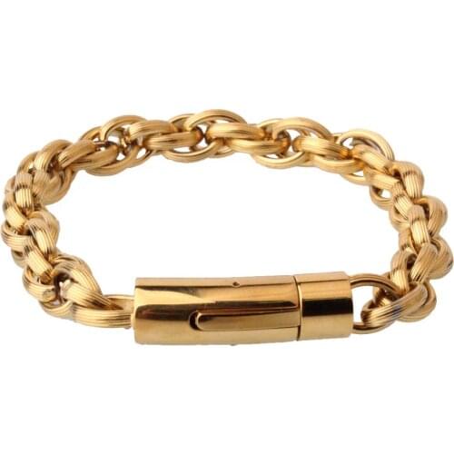Mens Rolo Chain Bracelet for Men Gold Tone Stainless Steel Wheat Link Bracelet with New Design Buckle Male Jewelry 8.66-inch