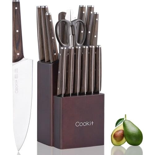 Cookit Kitchen Knife Sets 15 Piece with Block for Kitchen Chef Knife German Stainless Steel Serrated Steak with Sharpener
