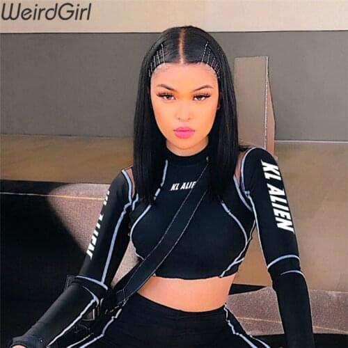 Women T-shirts Letter Print Skinny Slim O Neck Long Sleeve Short Ladies Clothes Fitness Sporting Tees Running Tops