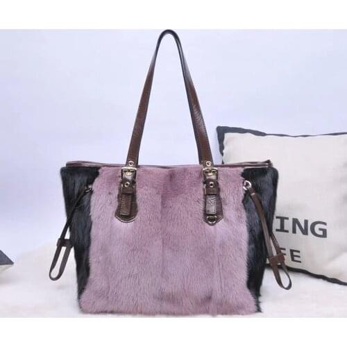 2020 Fxfurs Fashion New Mink Fur with First Layer Oil Wax Cowhide Womens Tote Bag Large Capacity Shoulder Crossbody Handbag