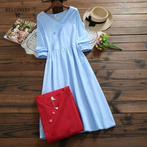 Solid Color Mori Girl Vintage Dress 2019 New Autumn Winter Women V-neck Long Sleeve Long Cotton Dresses