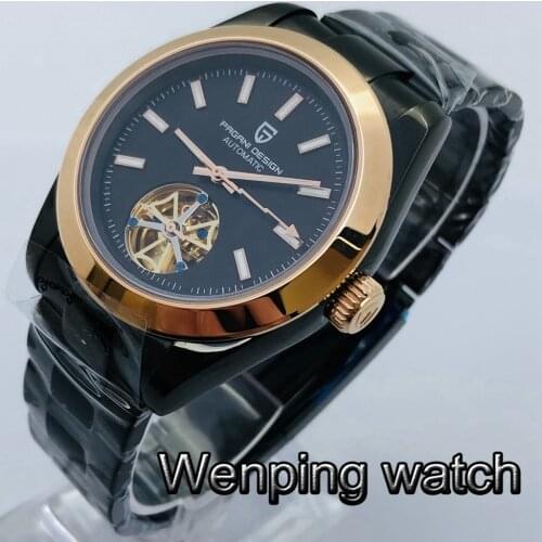 Pagani 41mm Top Luxury Flywheel Mechanical Watch Black PVD Case Sapphire Glass Black Dial Luminous Waterproof Automatic Watch
