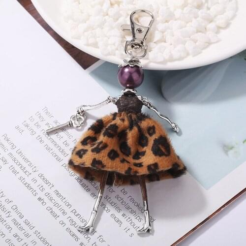 YLWHJJ new women cloth leopard print key chain girl princess Doll alloy car keychain lovely baby fashion jewelry factory direct
