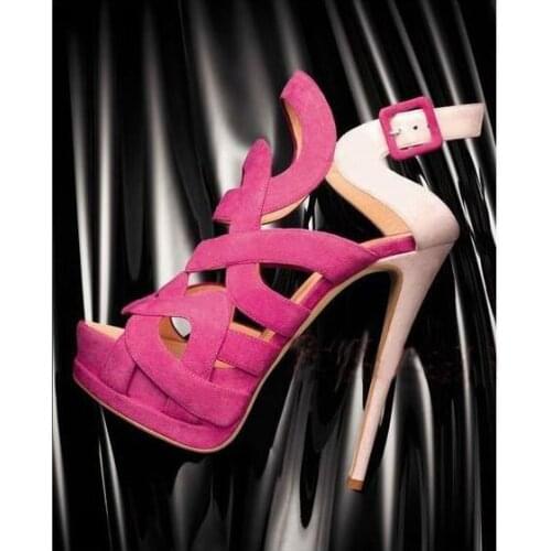 Women Pink Sandals Cut-out Peep Toe Cross Strap Platform Summer Dress Shoes Geometric Gladiator Heels Strapy Shoes Plus Size