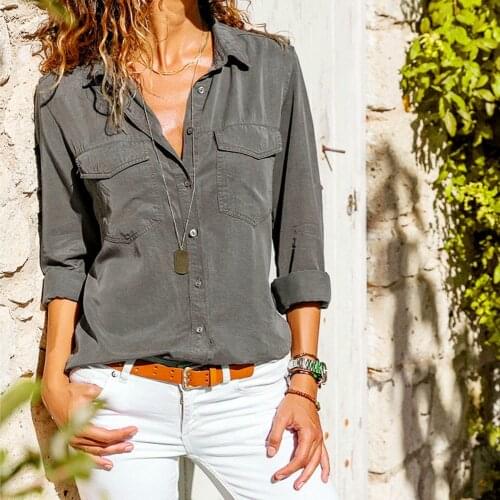 Women Turn-down Collar Shirts Casual Solid Color Pockets Button Tops Long Sleeve Fashion Plus Size Shirts Ropa De Mujer