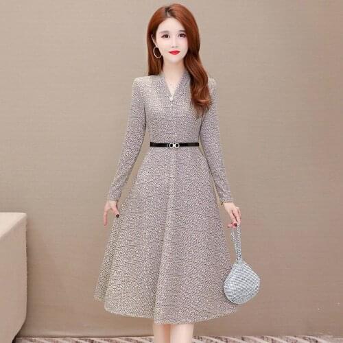 Houndstooth Mid-Length V-Neck Dress Female Spring 2021 New Waist Slimming Dress Women Fashion Reduced Age Dress Lady Belt W29