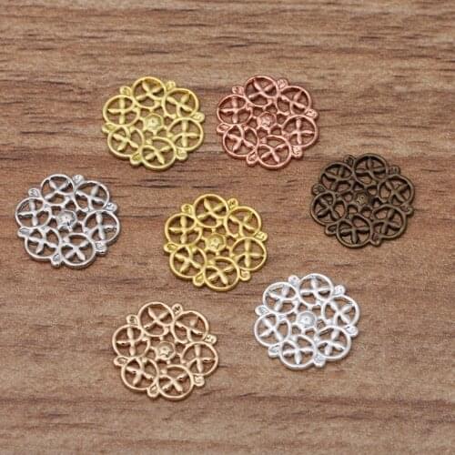 100 Pcs 14 mm Metal Copper 7 Colors Round Filigree Wrap Flower Charms Headwear Hair Accessories DIY Jewelry Making